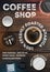 Coffee shop flyer template on vintage wood texture background. Advertising invitation in brochures, posters, banner, leaflet.
