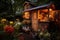 Coffee shop in the garden at night with beautiful light. An atmospheric image of a serene, cozy backyard chicken coop, with a warm
