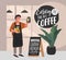Coffee shop hand drawn collection . Cartoon man barista character standing next to stand with handwritten quote, near