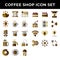 Coffee shop icon set include premium coffee,espresso,cafe,mug,drink,cup,dropper,bag,cake,cake,bean,girder,love,pin,transaction