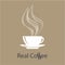 Coffee shop logo. White classic mug on saucer on light brown background. Steaming hot coffee drink. eps10
