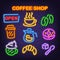 Coffee shop neon icons