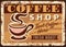 Coffee shop promo vector rusty plate, hot drink