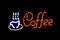 Coffee shop sign LED Bokeh light on dark background, Coffee shop sign Light signage bokeh dot colorful, Sign word coffee cup neon