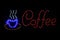 Coffee shop sign LED Bokeh light on dark background, Coffee shop sign Light signage bokeh dot colorful, Sign word coffee cup neon