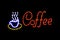 Coffee shop sign LED Bokeh light on dark background, Coffee shop sign Light signage bokeh dot colorful, Sign word coffee cup neon