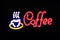 Coffee shop sign LED Bokeh light on dark background, Coffee shop sign Light signage bokeh dot colorful, Sign word coffee cup neon