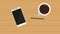 Coffee, smartphone and pencil on wooden table HD animation