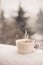 A coffee in the snow. Pink coffee cup, coffee mug. Beautiful winter landscape background. Cozy winter morning