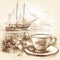 Coffee still life with sailing boats, illustration in sepia color