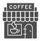 Coffee store solid icon. Building facade and signboard of hot drink symbol, glyph style pictogram on white background