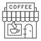 Coffee store thin line icon. Building facade and signboard of hot drink symbol, outline style pictogram on white
