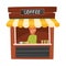 Coffee Street Kiosk or Stall with Bearded Vendor Man Selling Hot Drink Vector Illustration