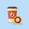Coffee takeaway with chocolate glazed donut. Flat style vector illustration.