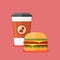 Coffee takeaway and double burger. Fast food. Vector illustration.