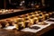 Coffee tasting session, with cups of coffee lined up on a rustic wooden table, highlighting the nuances and flavors of different