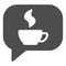 Coffee or tea chat solid icon. Dialogue bubble and hot drink mug symbol, glyph style pictogram on white background