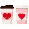 Coffee or tea couple paper cups decorated with emoji heart illustration isolated on white background.