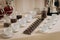 Coffee or tea cups on catering table at conference or wedding banquet table