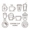 Coffee and tea cups linear icons set