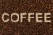 Coffee text on roasted beans and jute bag or sack