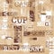 Coffee Themed Seamless pattern. Words, cups of coffee, and creative doodles. Beige and brown gamut. Abstract background for cafe