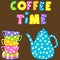 Coffee time with stacked colorful cups and coffee pot