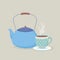 Coffee time and tea blue kettle and cup with plate