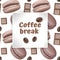 Coffee time.Templates with space for text and Seamless, endless background with coffee beans, macaroons and pieces of chocolate,