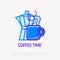 Coffee time thin line icon: coffee maker and cup