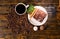 Coffee, Tiramisu Cake and Truffles on Wood Table