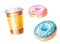 Coffee to go cup and glazed donuts. Watercolor hand drawn illustration