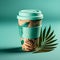 Coffee to go and palm leaves on turquoise background