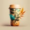 Coffee to go with tropical leaves. 3d illustration.