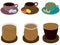 Coffee types in cups with desserts and glasses on coasters collection vector illustration