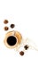 Coffee on wooden sawcut and pine cone pattern for blog on white background top view mockup