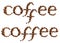 Coffee word in letters shaped with beans on white background.
