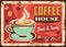 Coffeehouse hot drink rusty metal vector plate