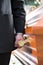 Coffin bearer carrying casket at funeral