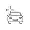 Coffin car line icon. Burial outline transport service. Car with Christian cross.