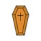 Coffin. Coffin icon. Box with cross for grave. Casket of ghost. Wood box for death, horror and funeral. Spooky symbol of death.