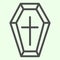 Coffin line icon. Funeral wooden casket with cross outline style pictogram on white background. Halloween death vampire