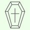 Coffin thin line icon. Funeral wooden casket with cross outline style pictogram on white background. Halloween death