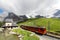Cog wheel train traveling on Jungfrau Railway from Jungfraujoch station top of Europe to Kleine Scheidegg