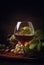 Cognac In Glass, Grapes And Vine, Old Wooden Background, Selective Focus