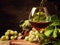 Cognac Pour In Glass, Grapes And Vine, Vintage Wood Background,