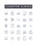 Cognitive science line icons collection. Quantum physics, Social psychology, Linguistic analysis, Cyber security, Data