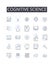 Cognitive science line icons collection. Quantum physics, Social psychology, Linguistic analysis, Cyber security, Data