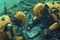 A cohesive group of yellow robots showcase their technological prowess as they confidently stand on top of a sturdy table, A