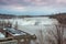 Cohoes, New York / United States - Jan. 27, 2019: is a waterfall on the Mohawk River.